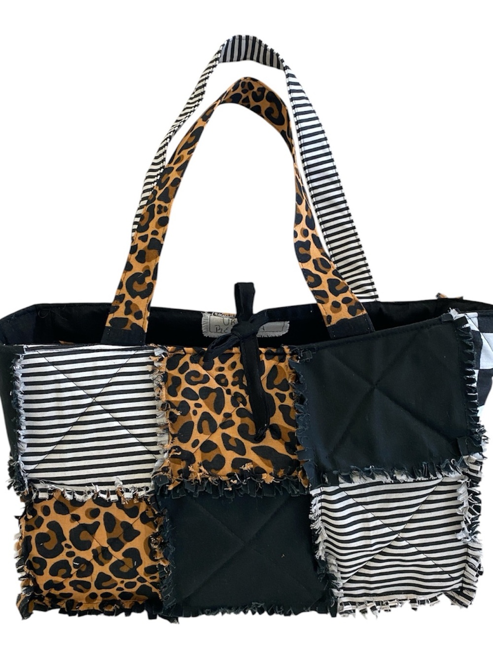Handmade Leopard Patchwork Bandana Quilted Mini Tote Bag - Black/Leopard/Stripe